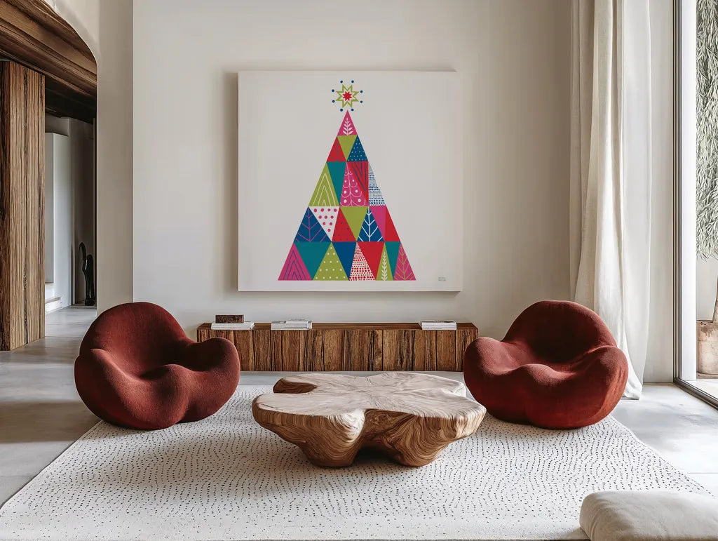 Geometric Holiday Trees I Bright by Michael Mullan. Shown as extra-large giant wall art in a modern living room. Available as an archival giclee rolled canvas, fine art paper, or poster print. SKU 56252a.