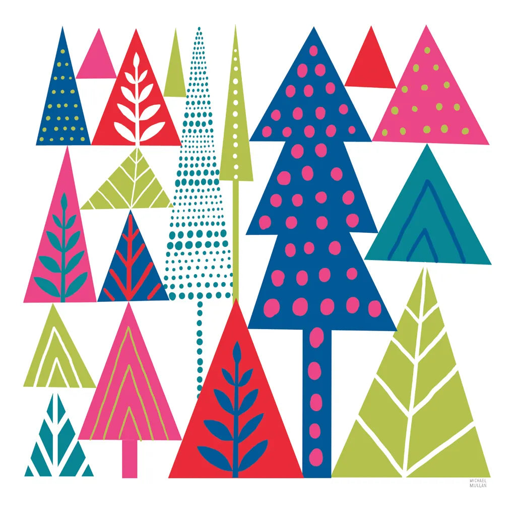 Geometric Holiday Trees II Bright by Michael Mullan. SKU 56253a. Archival Giclee Fine art print for wall decor.