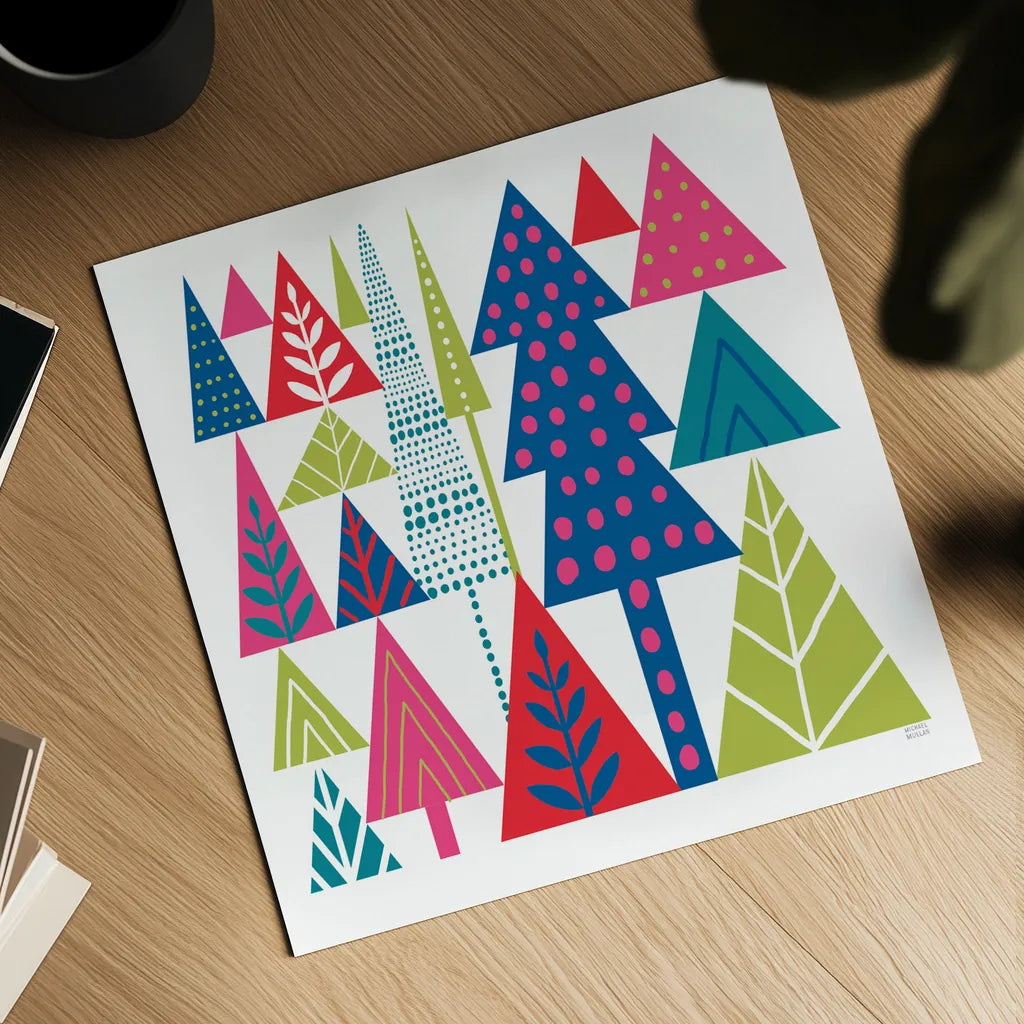 Geometric Holiday Trees II Bright by Michael Mullan. Shown as a detailed flat fine art print, highlighting archival giclee quality. Available as an archival giclee rolled canvas, fine art paper, or poster print. SKU 56253a.