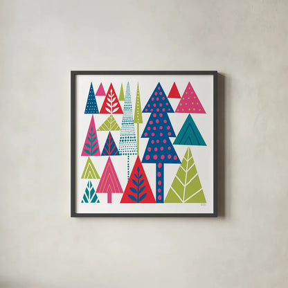 Geometric Holiday Trees II Bright by Michael Mullan. Shown in a sleek black glass frame for a contemporary gallery look. Available as an archival giclee rolled canvas, fine art paper, or poster print. SKU 56253a.