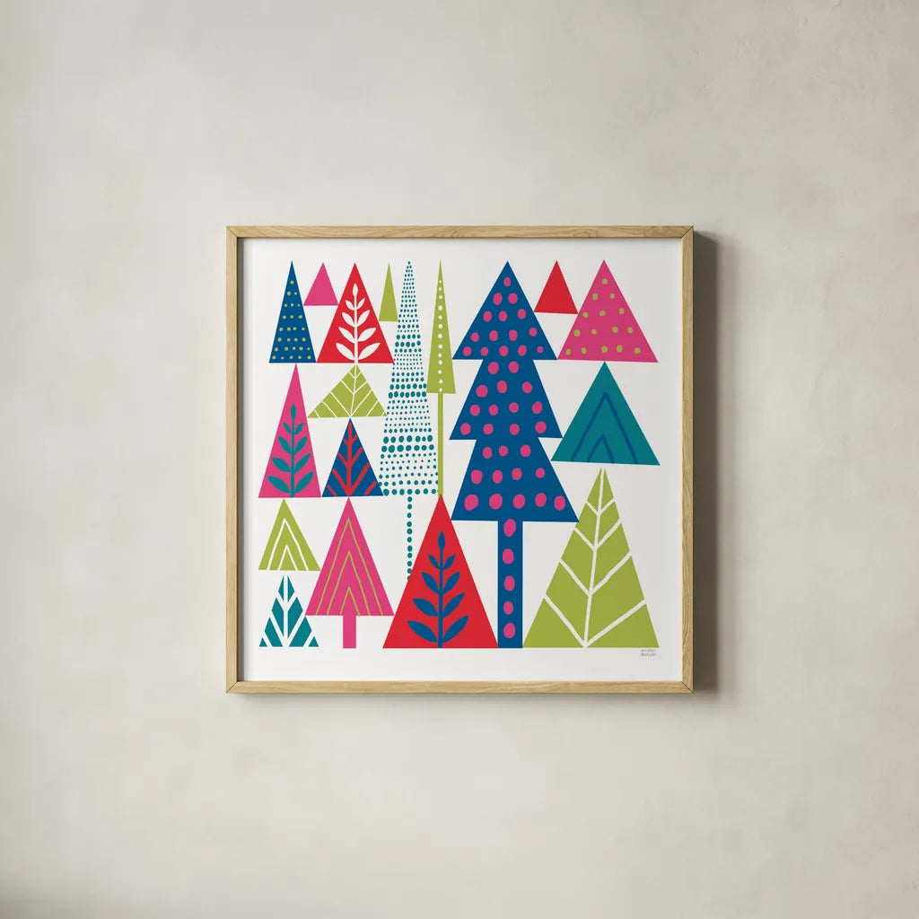 Geometric Holiday Trees II Bright by Michael Mullan. Shown in a natural wood glass frame for a timeless modern aesthetic. Available as an archival giclee rolled canvas, fine art paper, or poster print. SKU 56253a.