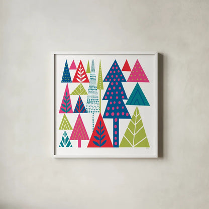 Geometric Holiday Trees II Bright by Michael Mullan. Shown in a crisp white glass frame for a clean and minimalist style. Available as an archival giclee rolled canvas, fine art paper, or poster print. SKU 56253a.