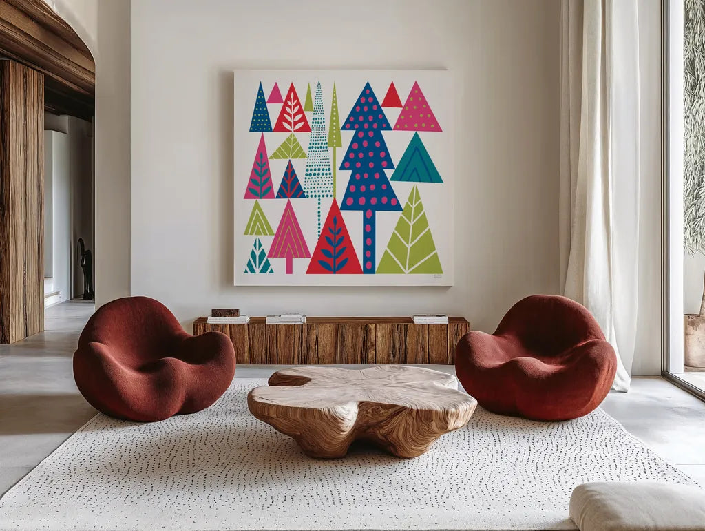 Geometric Holiday Trees II Bright by Michael Mullan. Shown as extra-large giant wall art in a modern living room. Available as an archival giclee rolled canvas, fine art paper, or poster print. SKU 56253a.