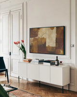 Geometric Spice I by Michael Mullan. shown as a framed stretched canvas in a living room above a console. Available as a archival giclee rolled canvas, fine art paper, or poster print. SKU 1700i.