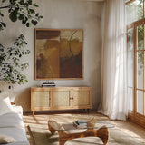Geometric Spice II by Michael Mullan. Shown in a natural wood frame in a cozy modern living room. Available as an archival giclee rolled canvas, fine art paper, or poster print. SKU 2049a.