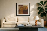 Geometric Spice II by Michael Mullan. Displayed in a glass frame with matte in a clean modern living room. Available as an archival giclee rolled canvas, fine art paper, or poster print. SKU 2049a.