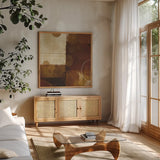 Geometric Spice III by Michael Mullan. Shown in a natural wood frame in a cozy modern living room. Available as an archival giclee rolled canvas, fine art paper, or poster print. SKU 2050a.