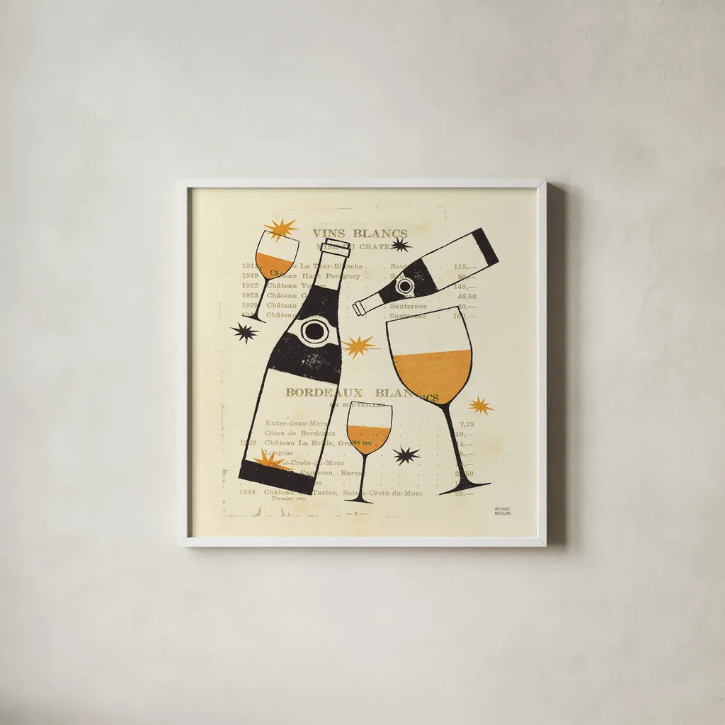 Good Cheer II Tangerine by Michael Mullan. Shown in a crisp white glass frame for a clean and minimalist style. Available as an archival giclee rolled canvas, fine art paper, or poster print. SKU 8187a.