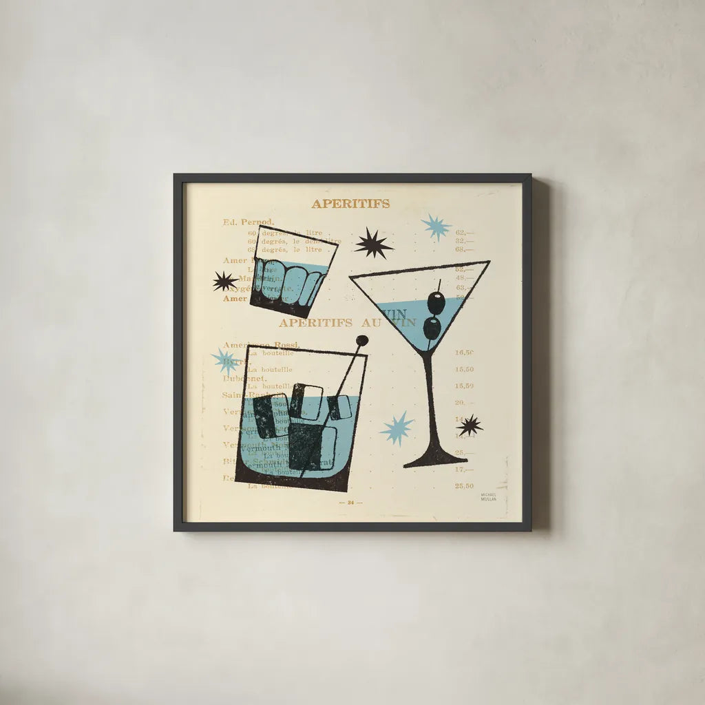 Good Cheer IV Square by Michael Mullan. Shown in a sleek black glass frame for a contemporary gallery look. Available as an archival giclee rolled canvas, fine art paper, or poster print. SKU 49873a.