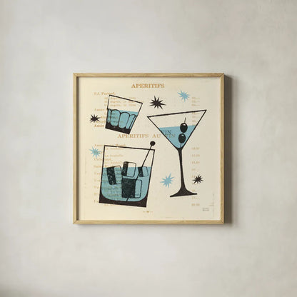 Good Cheer IV Square by Michael Mullan. Shown in a natural wood glass frame for a timeless modern aesthetic. Available as an archival giclee rolled canvas, fine art paper, or poster print. SKU 49873a.