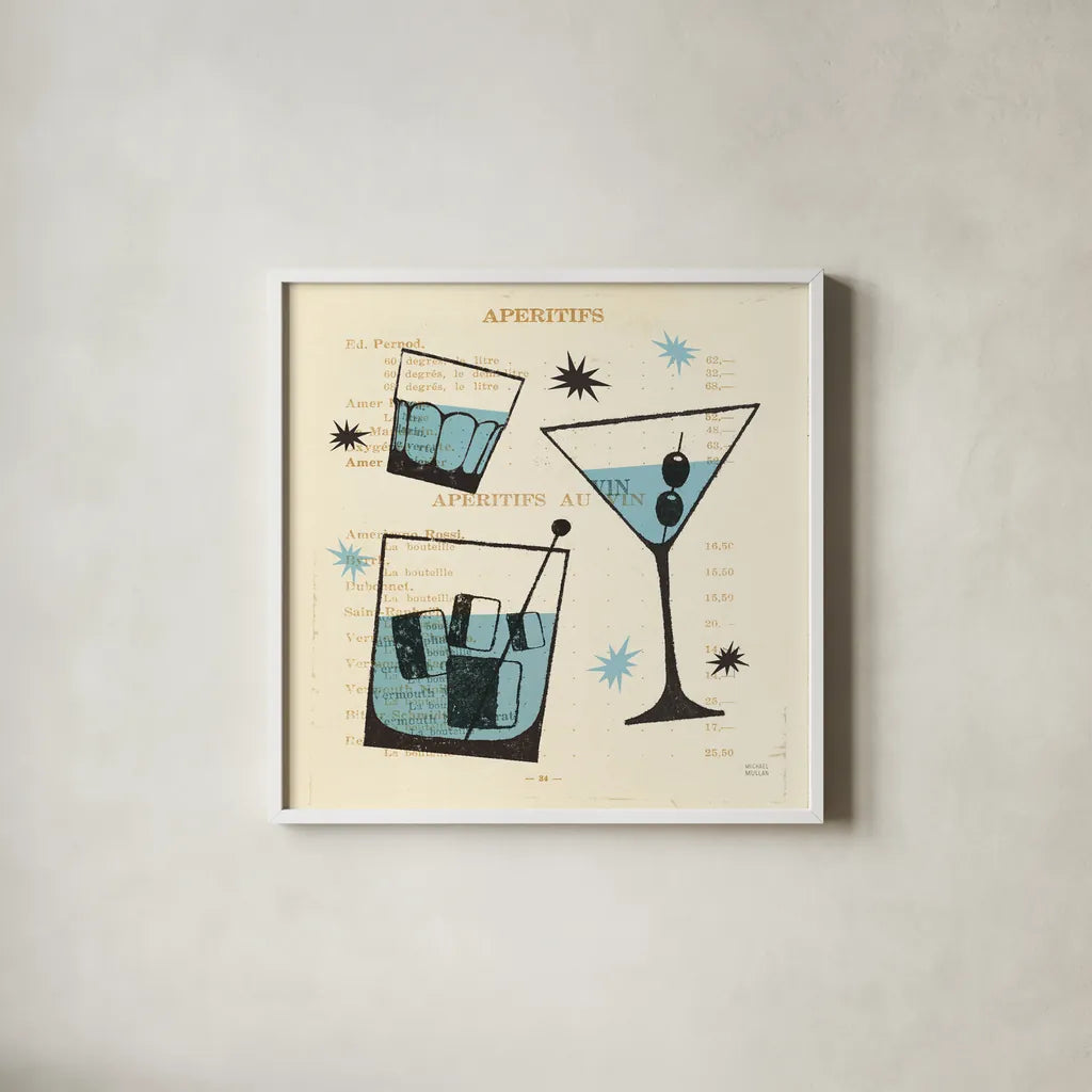 Good Cheer IV Square by Michael Mullan. Shown in a crisp white glass frame for a clean and minimalist style. Available as an archival giclee rolled canvas, fine art paper, or poster print. SKU 49873a.