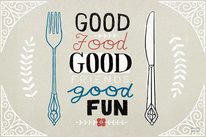 Good Food Friends Fun Horizontal by Michael Mullan. SKU 18693i. Archival Giclee Fine art print for wall decor.