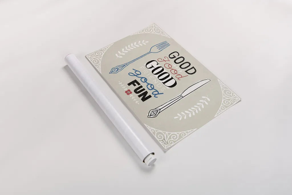 Good Food Friends Fun Horizontal by Michael Mullan. shown as a rolled paper print. Available as archival giclee rolled canvas, fine art paper, or poster print. SKU 18693i.