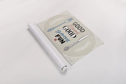 Good Food Friends Fun Horizontal by Michael Mullan. shown as a rolled paper print. Available as archival giclee rolled canvas, fine art paper, or poster print. SKU 18693i.