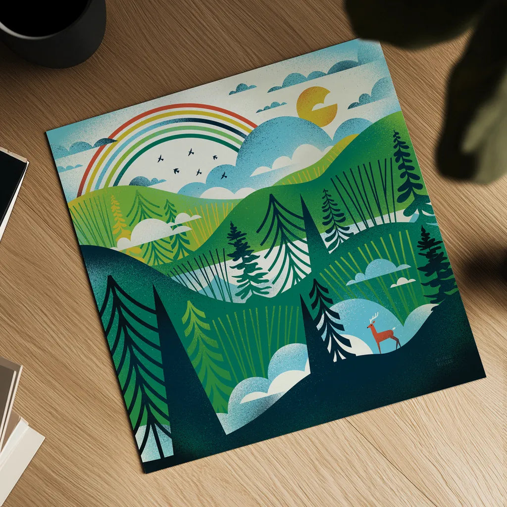 Green Hills by Michael Mullan. Shown as a detailed flat fine art print, highlighting archival giclee quality. Available as an archival giclee rolled canvas, fine art paper, or poster print. SKU 79443a.