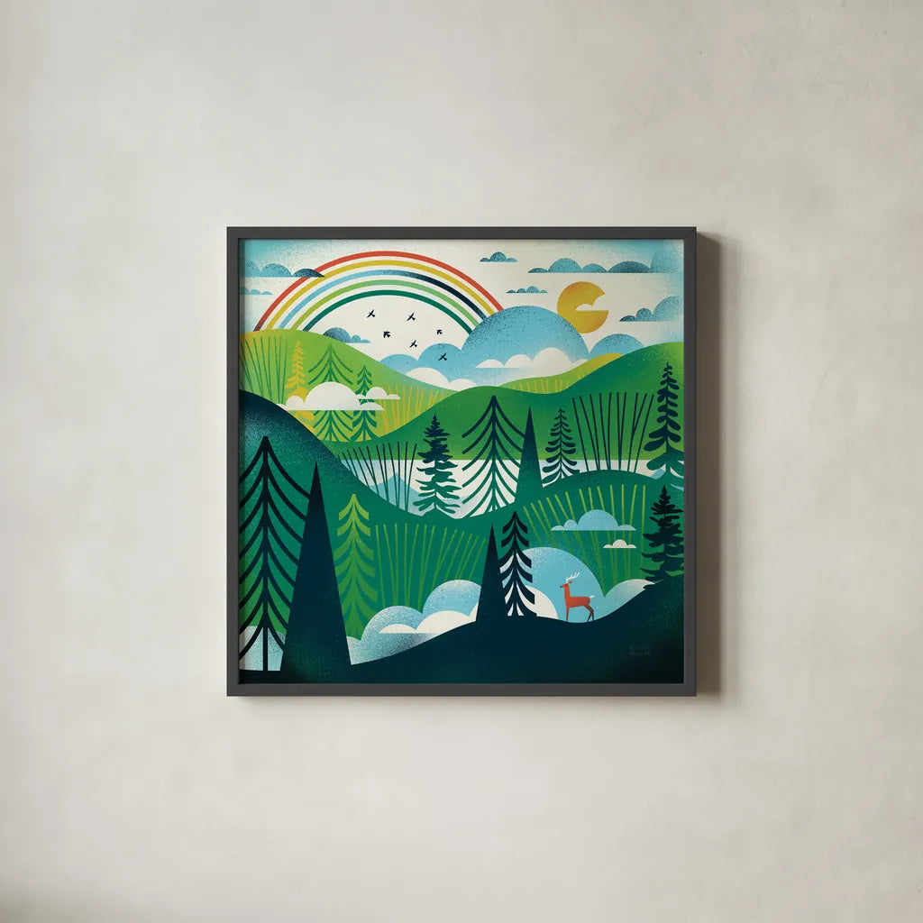 Green Hills by Michael Mullan. Shown in a sleek black glass frame for a contemporary gallery look. Available as an archival giclee rolled canvas, fine art paper, or poster print. SKU 79443a.