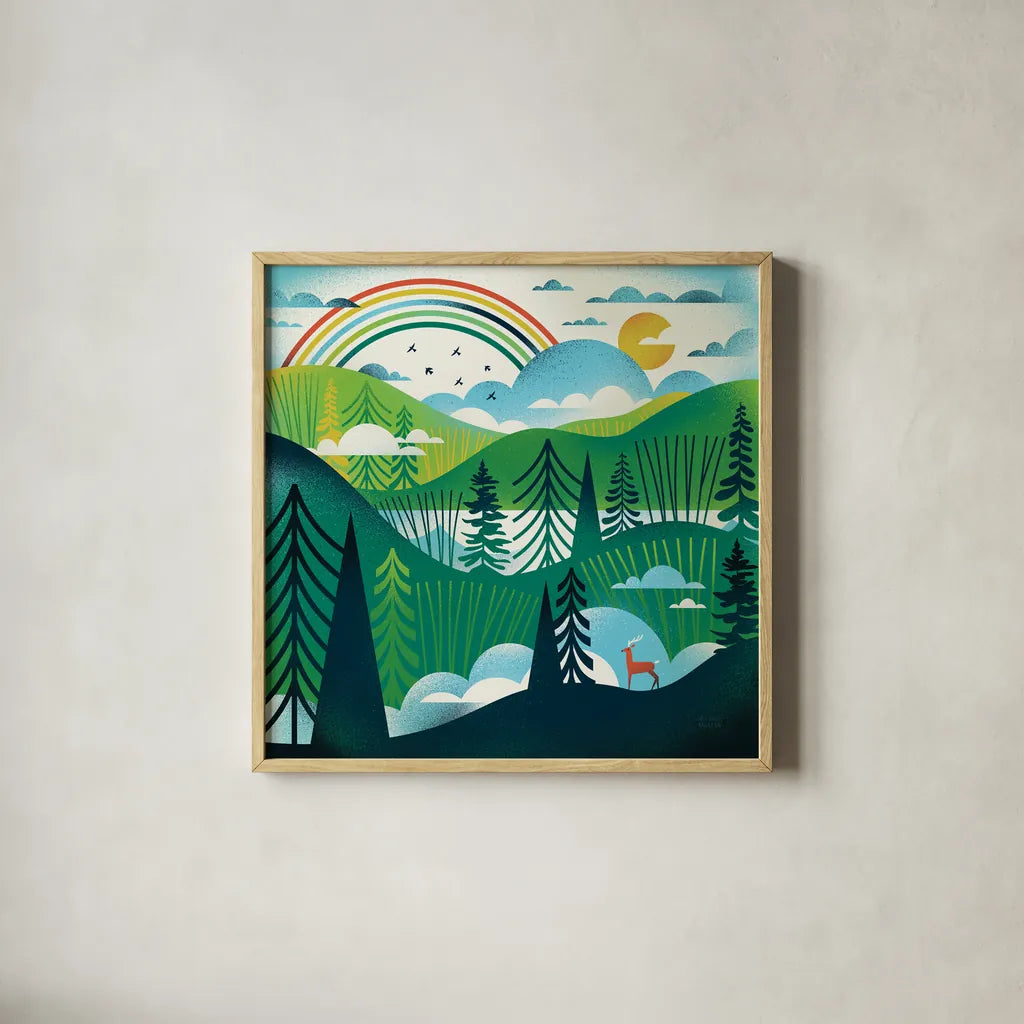 Green Hills by Michael Mullan. Shown in a natural wood glass frame for a timeless modern aesthetic. Available as an archival giclee rolled canvas, fine art paper, or poster print. SKU 79443a.