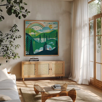 Green Hills by Michael Mullan. Shown in a natural wood frame in a cozy modern living room. Available as an archival giclee rolled canvas, fine art paper, or poster print. SKU 79443a.