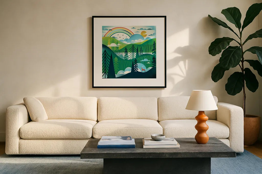 Green Hills by Michael Mullan. Displayed in a glass frame with matte in a clean modern living room. Available as an archival giclee rolled canvas, fine art paper, or poster print. SKU 79443a.
