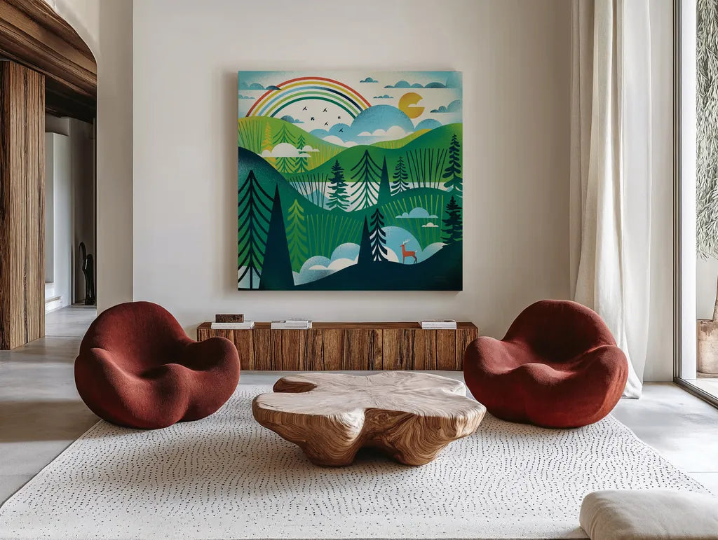 Green Hills by Michael Mullan. Shown as extra-large giant wall art in a modern living room. Available as an archival giclee rolled canvas, fine art paper, or poster print. SKU 79443a.