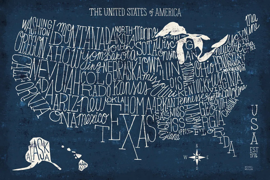 Hand Lettered US Map Blueprint by Michael Mullan. SKU 16524i. Archival Giclee Fine art print for wall decor.