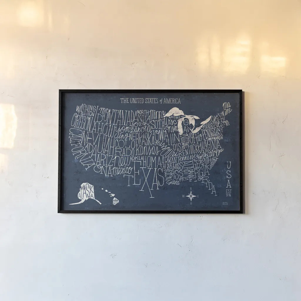 Hand Lettered US Map Blueprint by Michael Mullan. shown as a paper print in a black flame. Available as a archival giclee rolled canvas, fine art paper, or poster print. SKU 16524i.