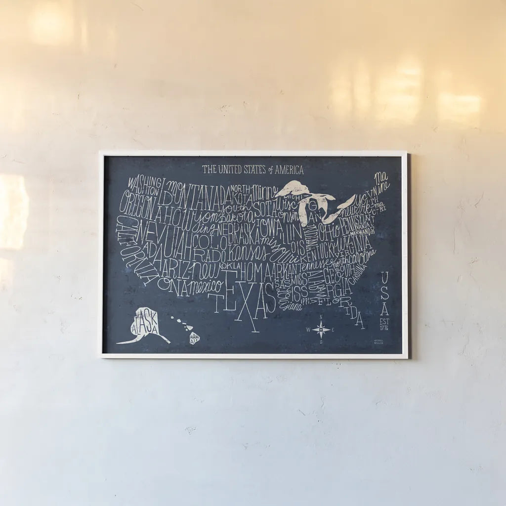 Hand Lettered US Map Blueprint by Michael Mullan. shown as a paper print in a white frame. Available as a archival giclee rolled canvas, fine art paper, or poster print. SKU 16524i.