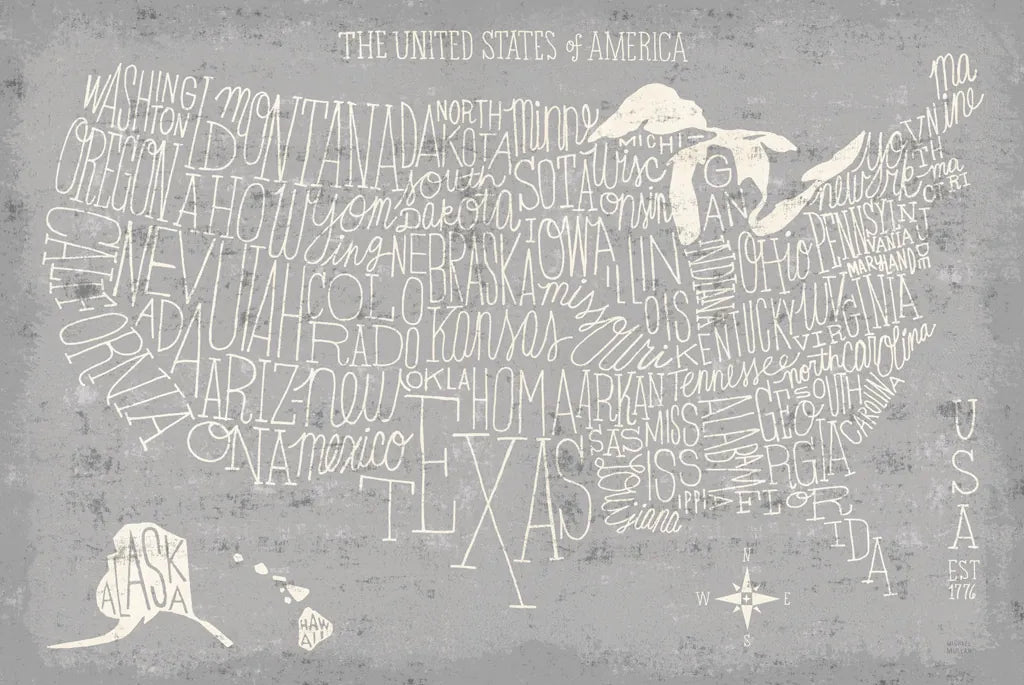 Hand Lettered USA Map Gray by Michael Mullan. SKU 43245i. Archival Giclee Fine art print for wall decor.
