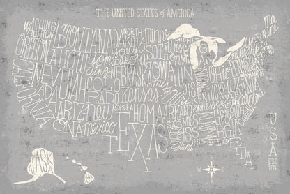 Hand Lettered USA Map Gray by Michael Mullan. SKU 43245i. Archival Giclee Fine art print for wall decor.