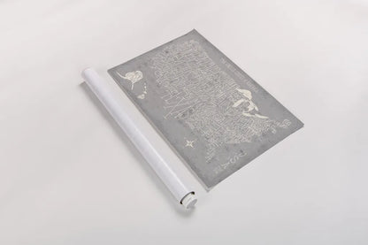 Hand Lettered USA Map Gray by Michael Mullan. shown as a rolled paper print. Available as archival giclee rolled canvas, fine art paper, or poster print. SKU 43245i.