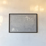 Hand Lettered USA Map Gray by Michael Mullan. shown as a paper print in a black flame. Available as a archival giclee rolled canvas, fine art paper, or poster print. SKU 43245i.