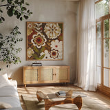 Happy Daisy Garden by Michael Mullan. Shown in a natural wood frame in a cozy modern living room. Available as an archival giclee rolled canvas, fine art paper, or poster print. SKU 50613a.