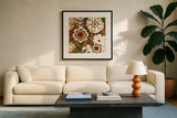 Happy Daisy Garden by Michael Mullan. Displayed in a glass frame with matte in a clean modern living room. Available as an archival giclee rolled canvas, fine art paper, or poster print. SKU 50613a.