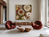 Happy Daisy Garden by Michael Mullan. Shown as extra-large giant wall art in a modern living room. Available as an archival giclee rolled canvas, fine art paper, or poster print. SKU 50613a.