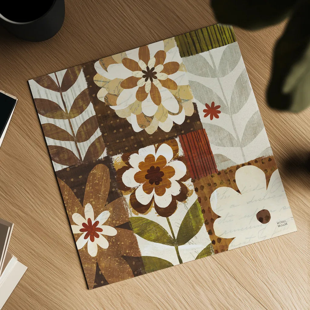 Happy Daisy Patchwork by Michael Mullan. Shown as a detailed flat fine art print, highlighting archival giclee quality. Available as an archival giclee rolled canvas, fine art paper, or poster print. SKU 50614a.