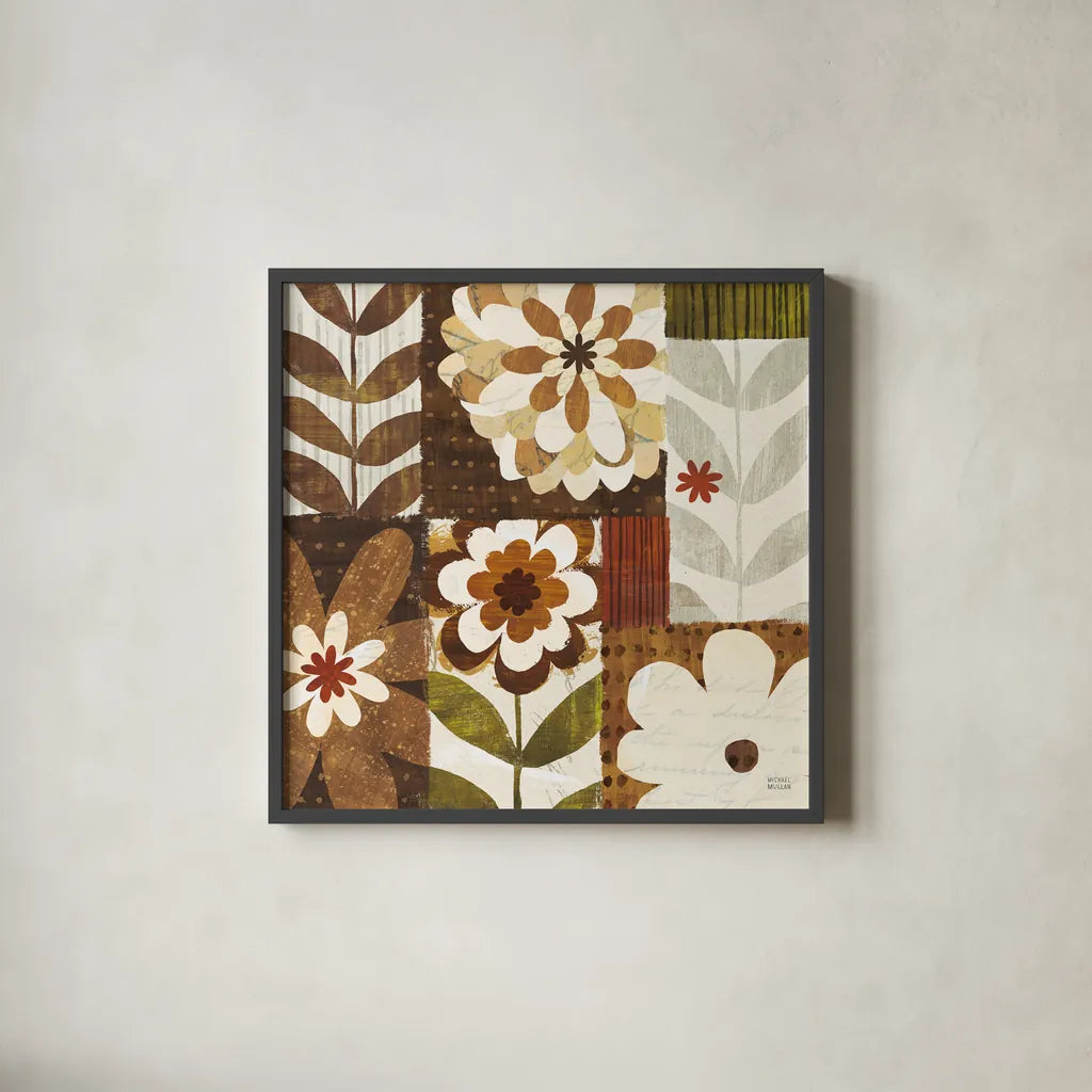 Happy Daisy Patchwork by Michael Mullan. Shown in a sleek black glass frame for a contemporary gallery look. Available as an archival giclee rolled canvas, fine art paper, or poster print. SKU 50614a.