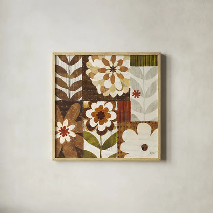 Happy Daisy Patchwork by Michael Mullan. Shown in a natural wood glass frame for a timeless modern aesthetic. Available as an archival giclee rolled canvas, fine art paper, or poster print. SKU 50614a.