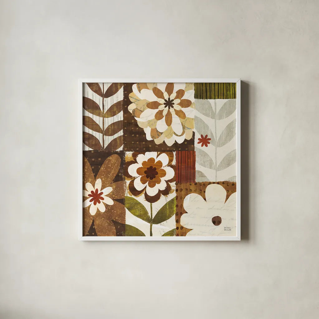Happy Daisy Patchwork by Michael Mullan. Shown in a crisp white glass frame for a clean and minimalist style. Available as an archival giclee rolled canvas, fine art paper, or poster print. SKU 50614a.