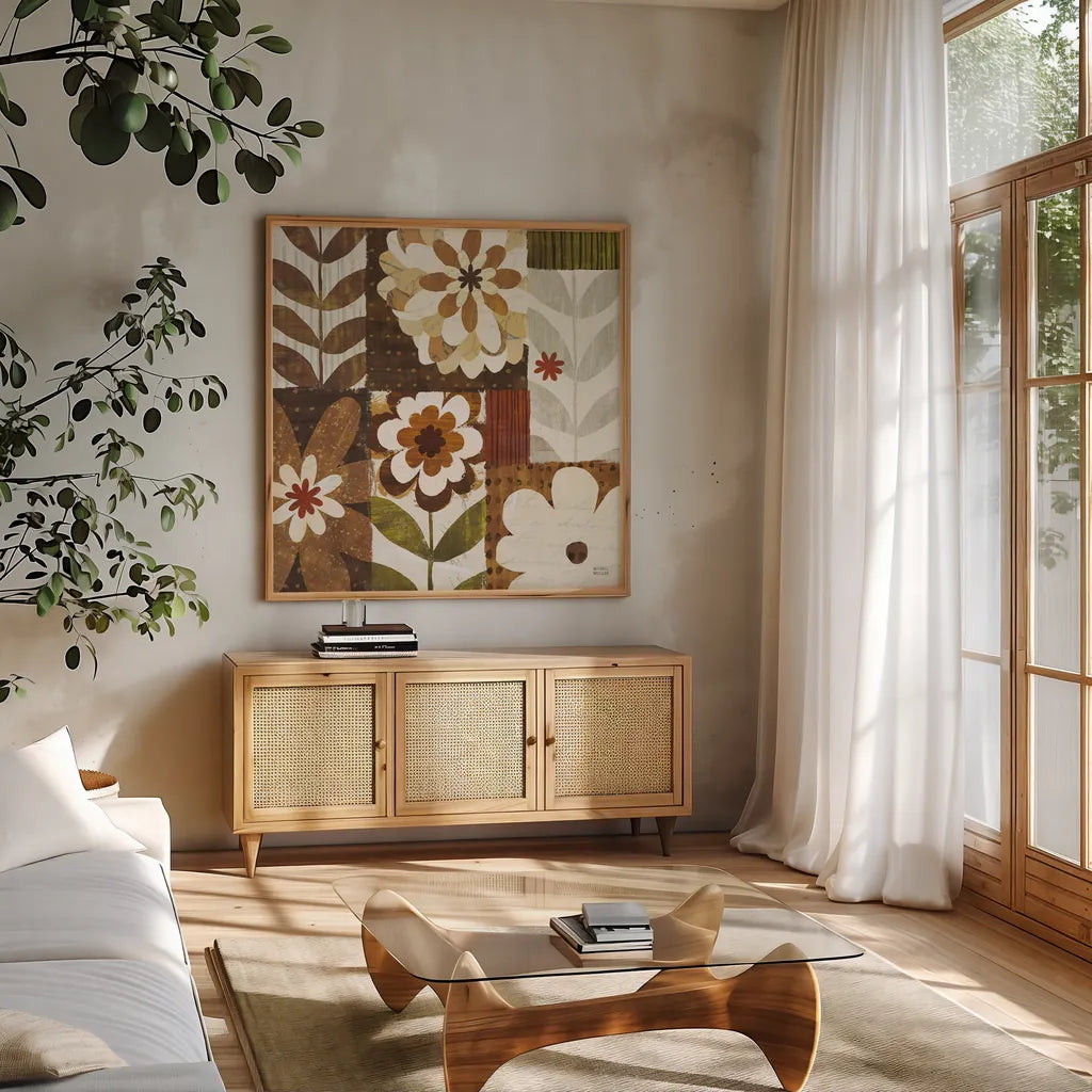 Happy Daisy Patchwork by Michael Mullan. Shown in a natural wood frame in a cozy modern living room. Available as an archival giclee rolled canvas, fine art paper, or poster print. SKU 50614a.