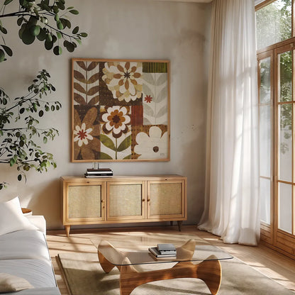 Happy Daisy Patchwork by Michael Mullan. Shown in a natural wood frame in a cozy modern living room. Available as an archival giclee rolled canvas, fine art paper, or poster print. SKU 50614a.