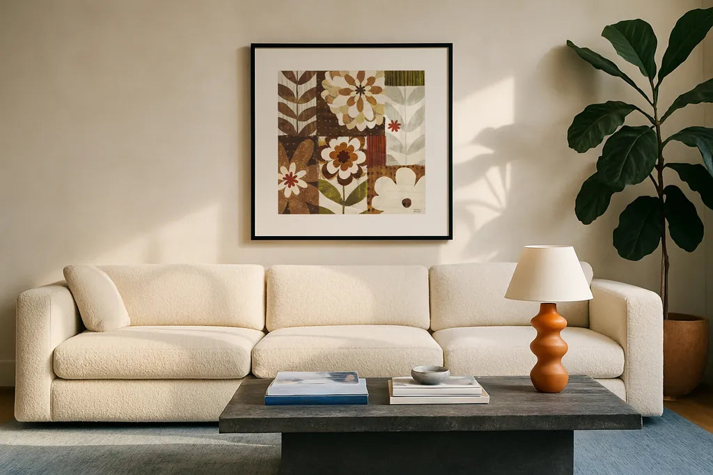 Happy Daisy Patchwork by Michael Mullan. Displayed in a glass frame with matte in a clean modern living room. Available as an archival giclee rolled canvas, fine art paper, or poster print. SKU 50614a.