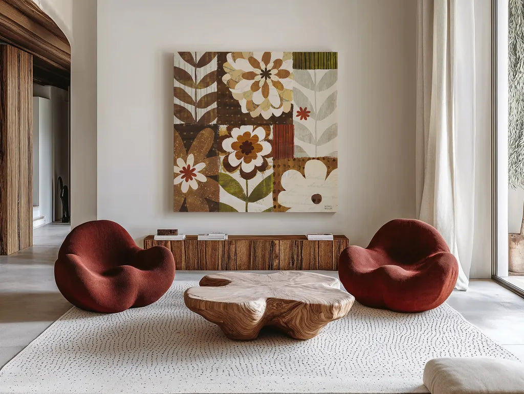 Happy Daisy Patchwork by Michael Mullan. Shown as extra-large giant wall art in a modern living room. Available as an archival giclee rolled canvas, fine art paper, or poster print. SKU 50614a.