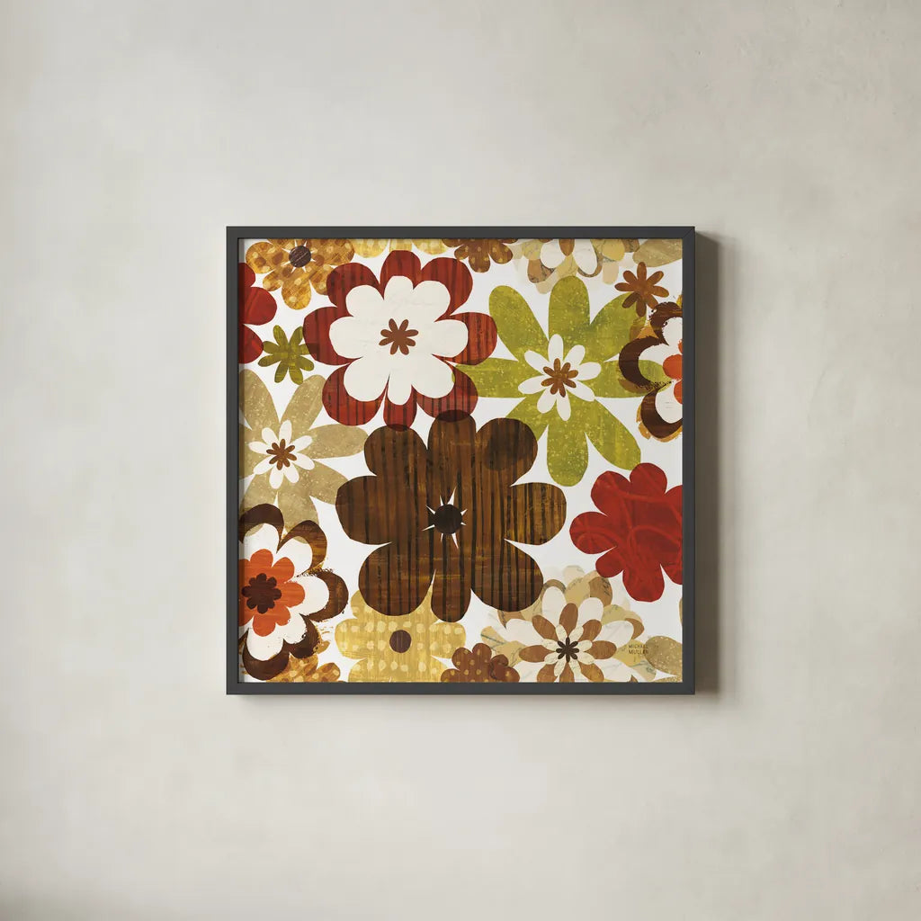 Happy Daisy Summer by Michael Mullan. Shown in a sleek black glass frame for a contemporary gallery look. Available as an archival giclee rolled canvas, fine art paper, or poster print. SKU 50615a.