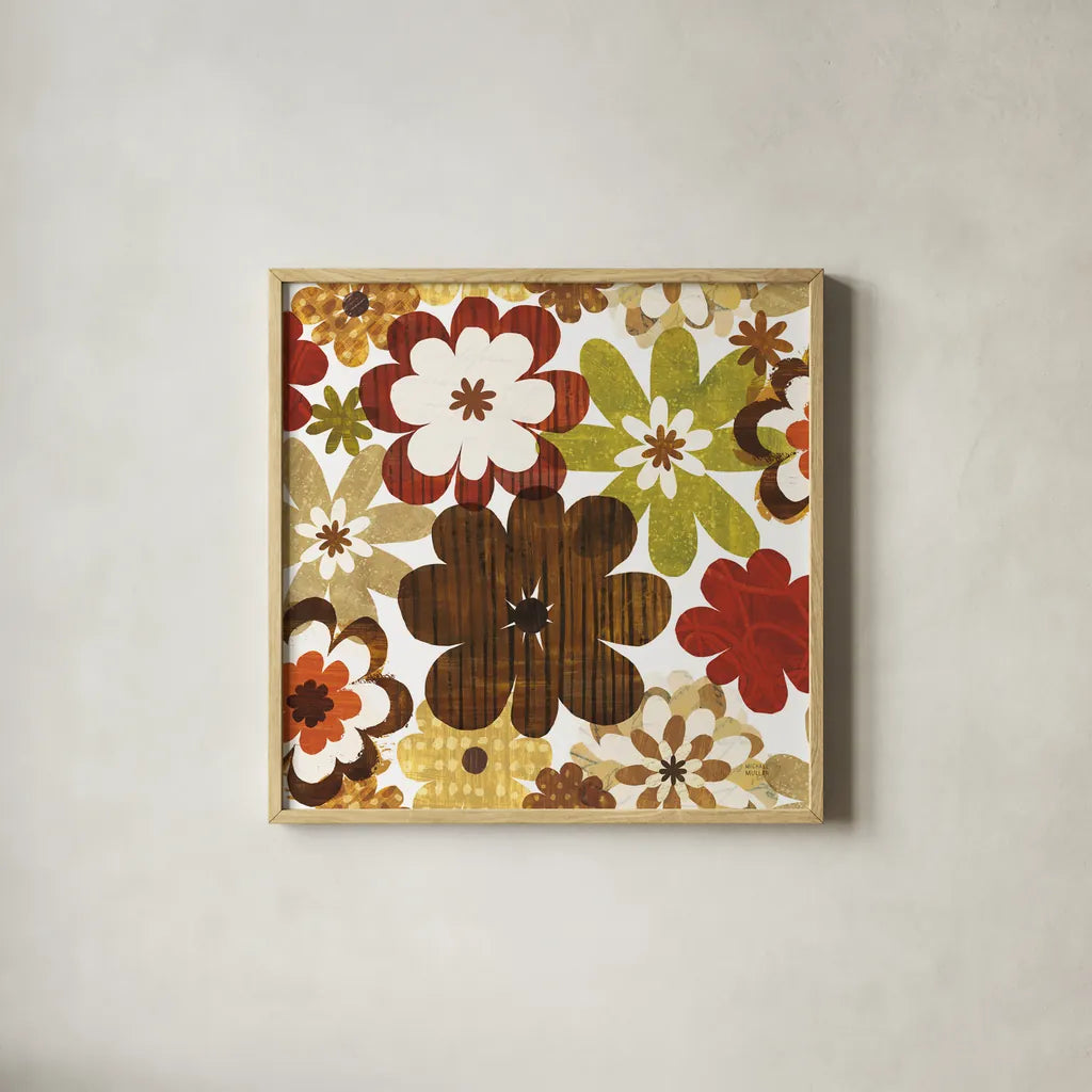 Happy Daisy Summer by Michael Mullan. Shown in a natural wood glass frame for a timeless modern aesthetic. Available as an archival giclee rolled canvas, fine art paper, or poster print. SKU 50615a.