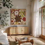 Happy Daisy Summer by Michael Mullan. Shown in a natural wood frame in a cozy modern living room. Available as an archival giclee rolled canvas, fine art paper, or poster print. SKU 50615a.