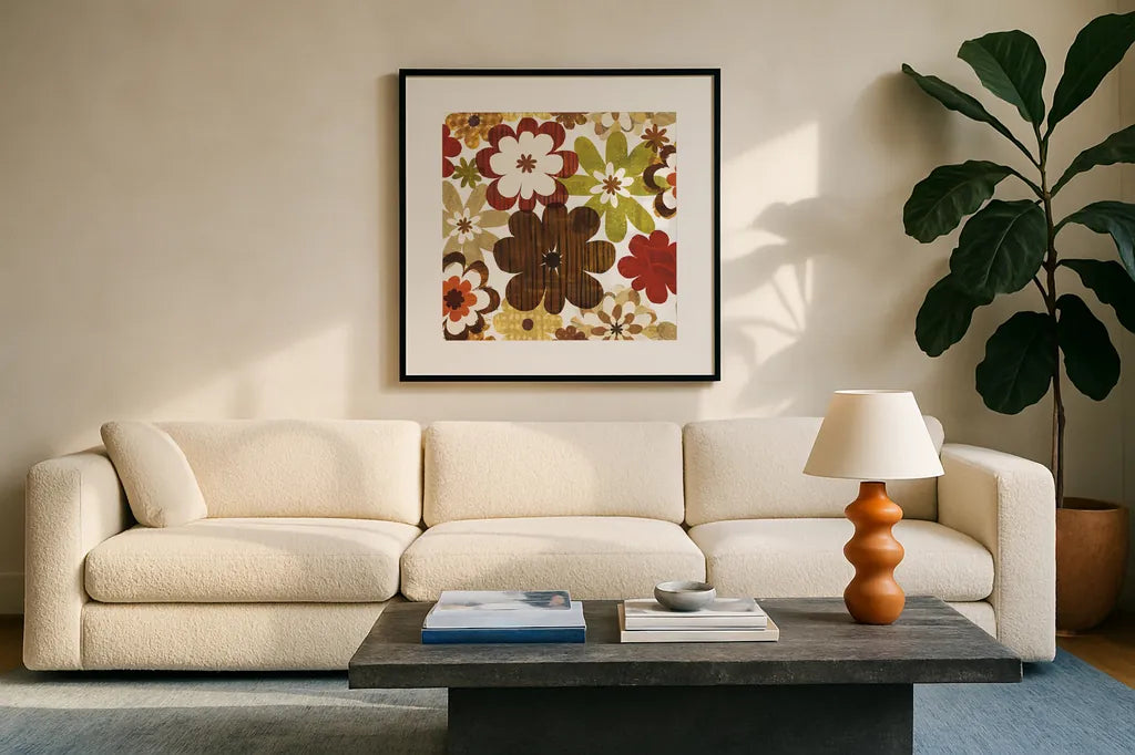 Happy Daisy Summer by Michael Mullan. Displayed in a glass frame with matte in a clean modern living room. Available as an archival giclee rolled canvas, fine art paper, or poster print. SKU 50615a.