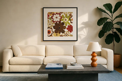 Happy Daisy Summer by Michael Mullan. Displayed in a glass frame with matte in a clean modern living room. Available as an archival giclee rolled canvas, fine art paper, or poster print. SKU 50615a.