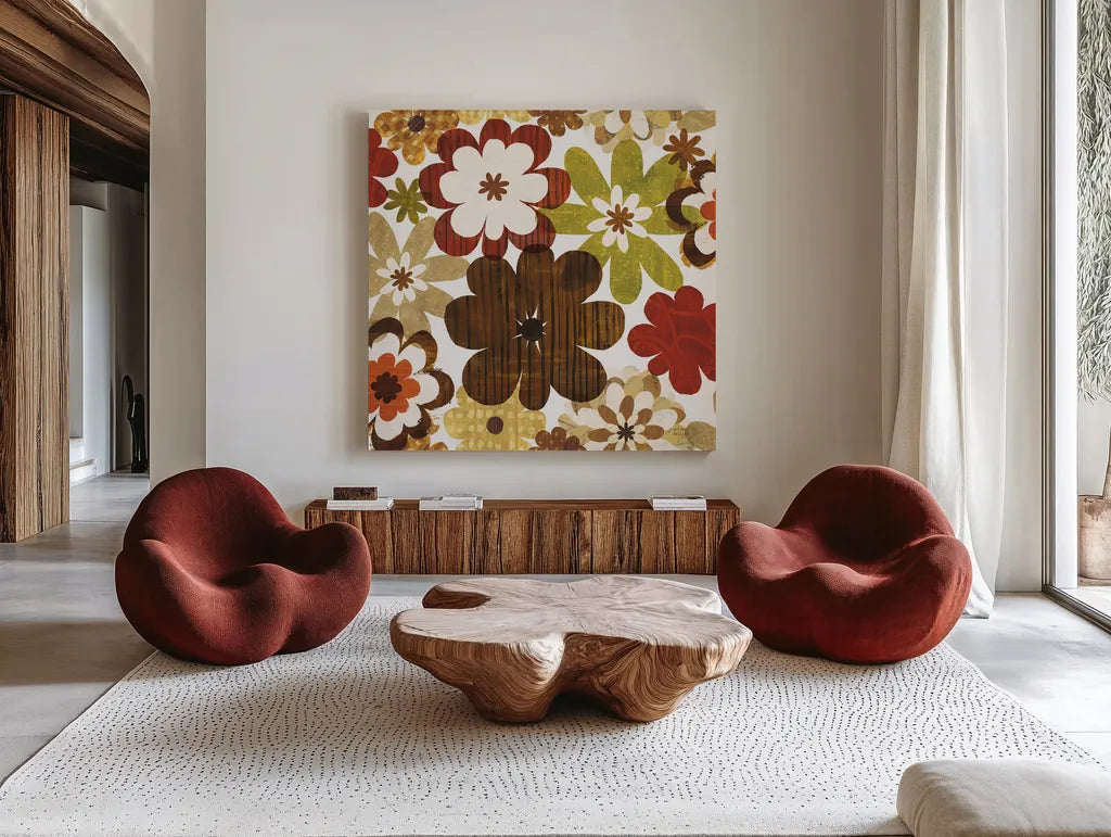 Happy Daisy Summer by Michael Mullan. Shown as extra-large giant wall art in a modern living room. Available as an archival giclee rolled canvas, fine art paper, or poster print. SKU 50615a.