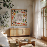 Harvest Time Always Be Thankful Shiplap Sq by Michael Mullan. Shown in a natural wood frame in a cozy modern living room. Available as an archival giclee rolled canvas, fine art paper, or poster print. SKU 44977a.