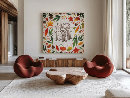 Harvest Time Always Be Thankful Shiplap Sq by Michael Mullan. Shown as extra-large giant wall art in a modern living room. Available as an archival giclee rolled canvas, fine art paper, or poster print. SKU 44977a.